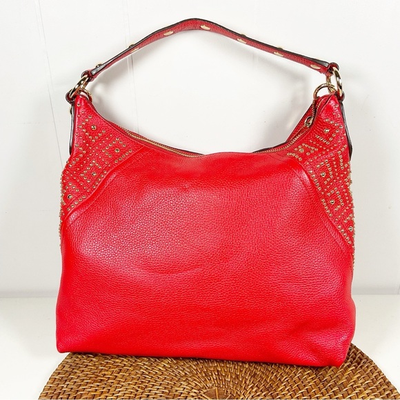 Michael Kors Red Leather Shoulder Bag Studded New Purse Hobo - Picture 4 of 6